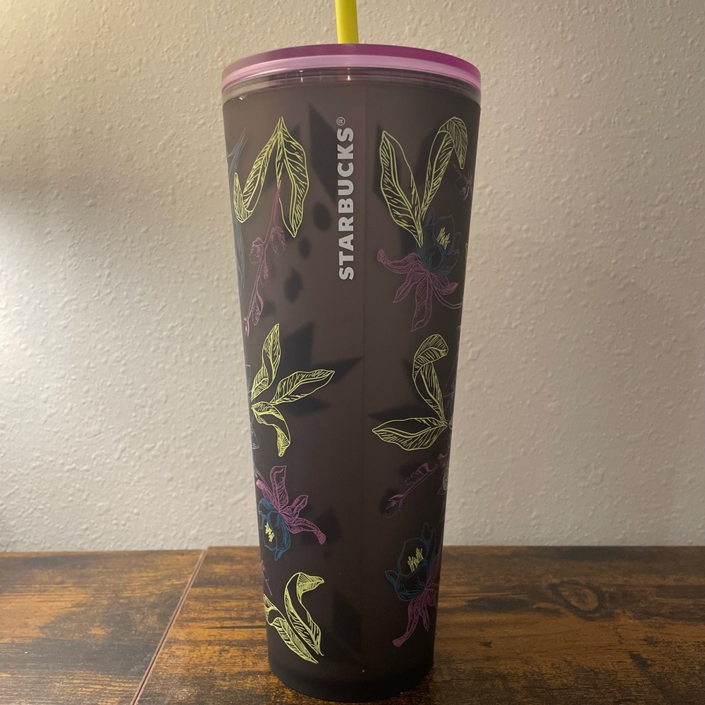 Starbucks Black Tumbler with Floral Design